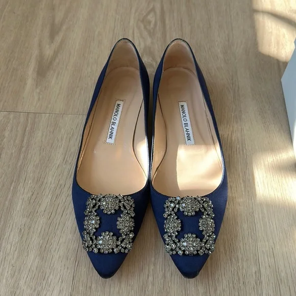 Manolo Blahnik Shoes Manolo Blahnik Hangisi Navy Satin Jewel